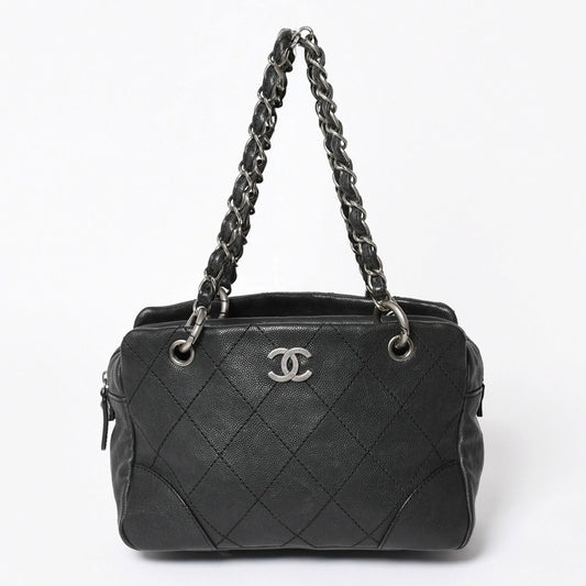 Chanel Wild Stitch Chain Tote Bag CC Logo Caviar Leather Black