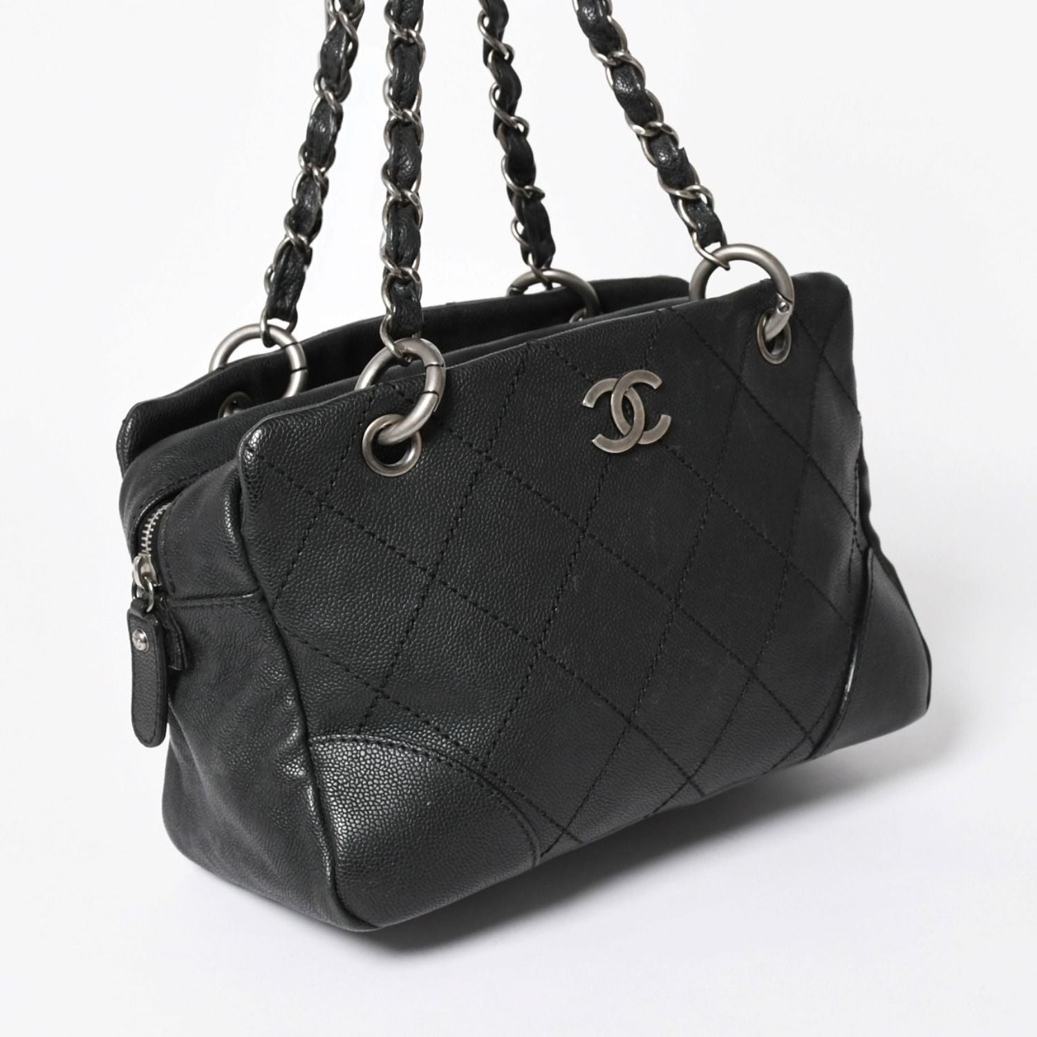 Chanel Wild Stitch Chain Tote Bag CC Logo Caviar Leather Black — view 3