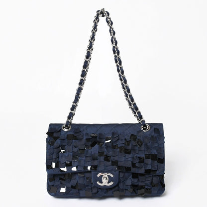 Chanel Quilted 25 Double Flap Chain Shoulder Bag CC Logo Satin Sequin Navy