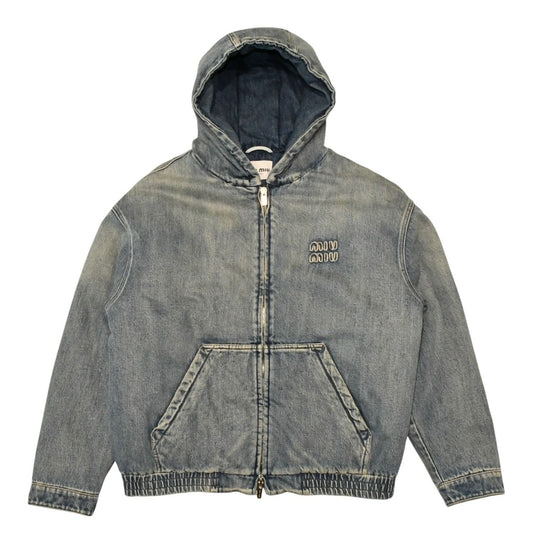 Miu Miu Bomber Hooded Jacket Denim Blue Logo Patch