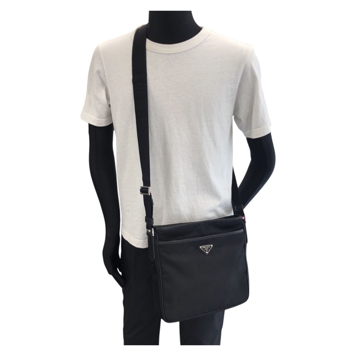 Prada Tessuto Saffiano Black Silver Nylon Leather Shoulder Bag — view 6