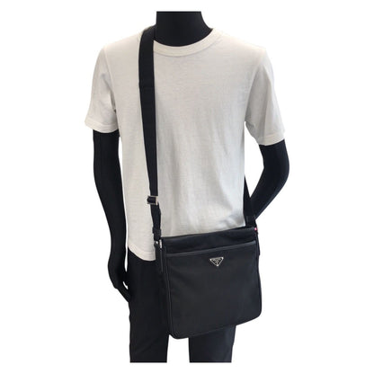 Prada Tessuto Saffiano Black Silver Nylon Leather Shoulder Bag — view 6