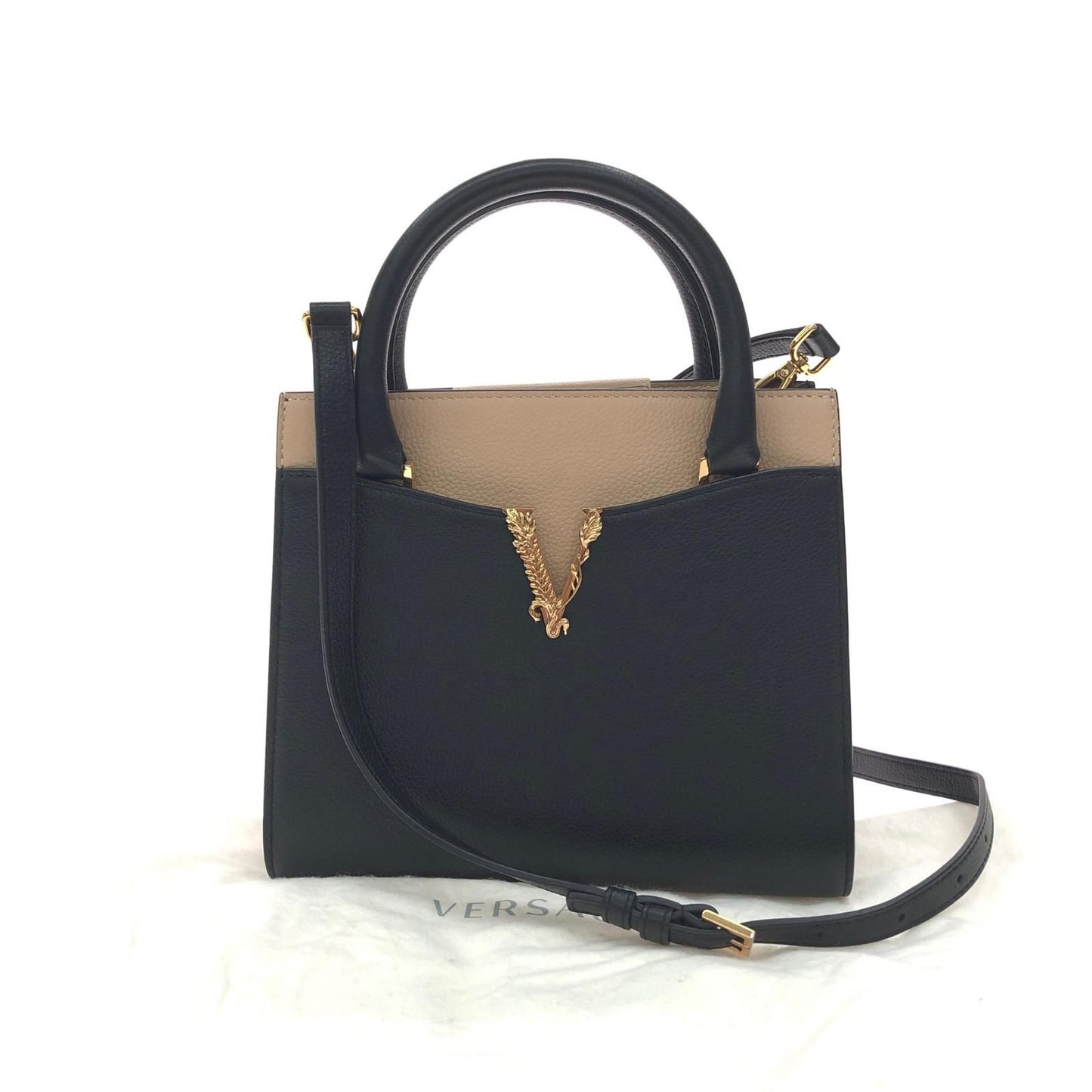 Versace 2-Way Bag Handle Shoulder Virtus Black Beige