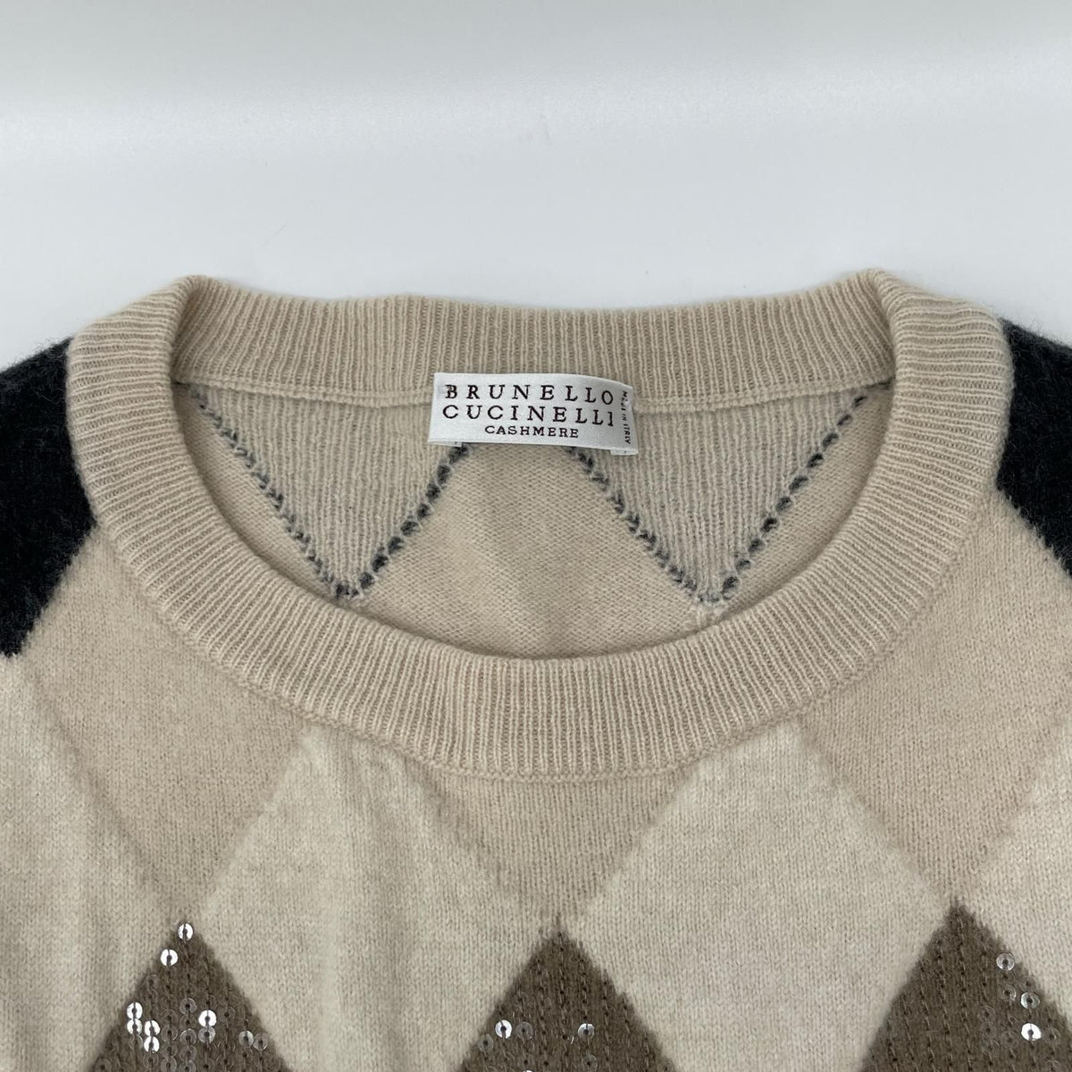 Brunello Cucinelli White Wool Cashmere Argyle Check Knit Top Sweater — view 8