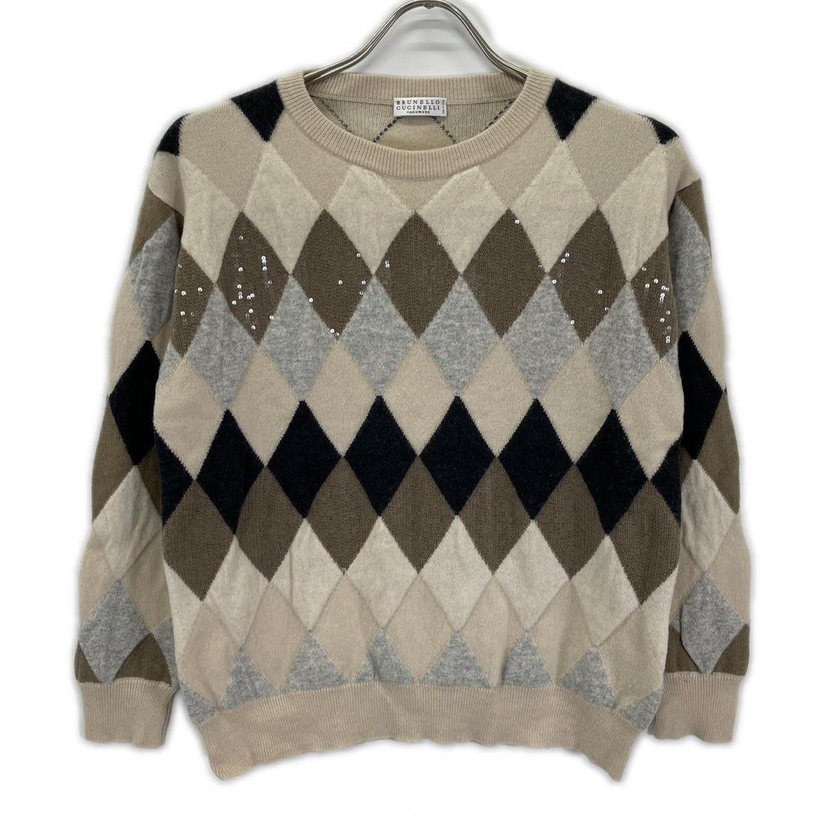 Brunello Cucinelli White Wool Cashmere Argyle Check Knit Top Sweater