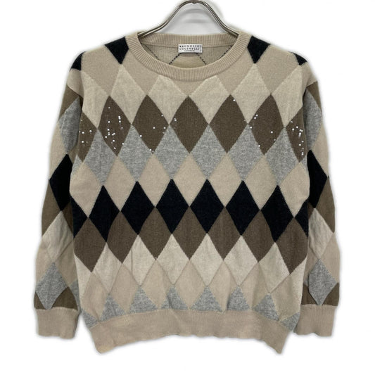 Brunello Cucinelli White Wool Cashmere Argyle Check Knit Top Sweater