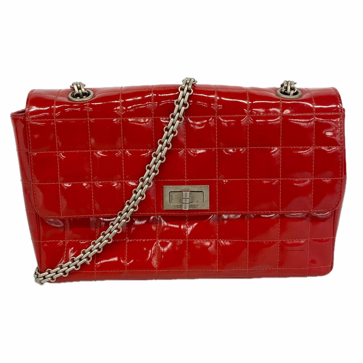 Chanel Shoulder Bag 2.55 Choco Bar Patent Leather Red Silver