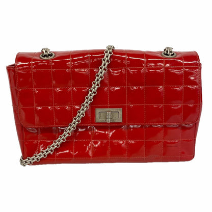 Chanel Shoulder Bag 2.55 Choco Bar Patent Leather Red Silver
