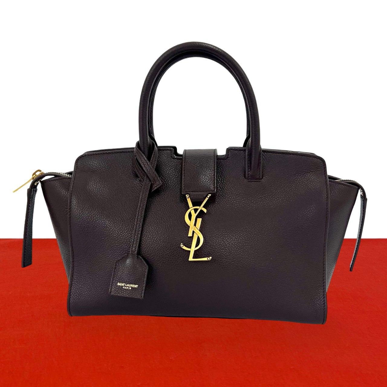Saint Laurent Paris Downtown Baby Cabas YSL Logo Leather Handle Brown Handbag