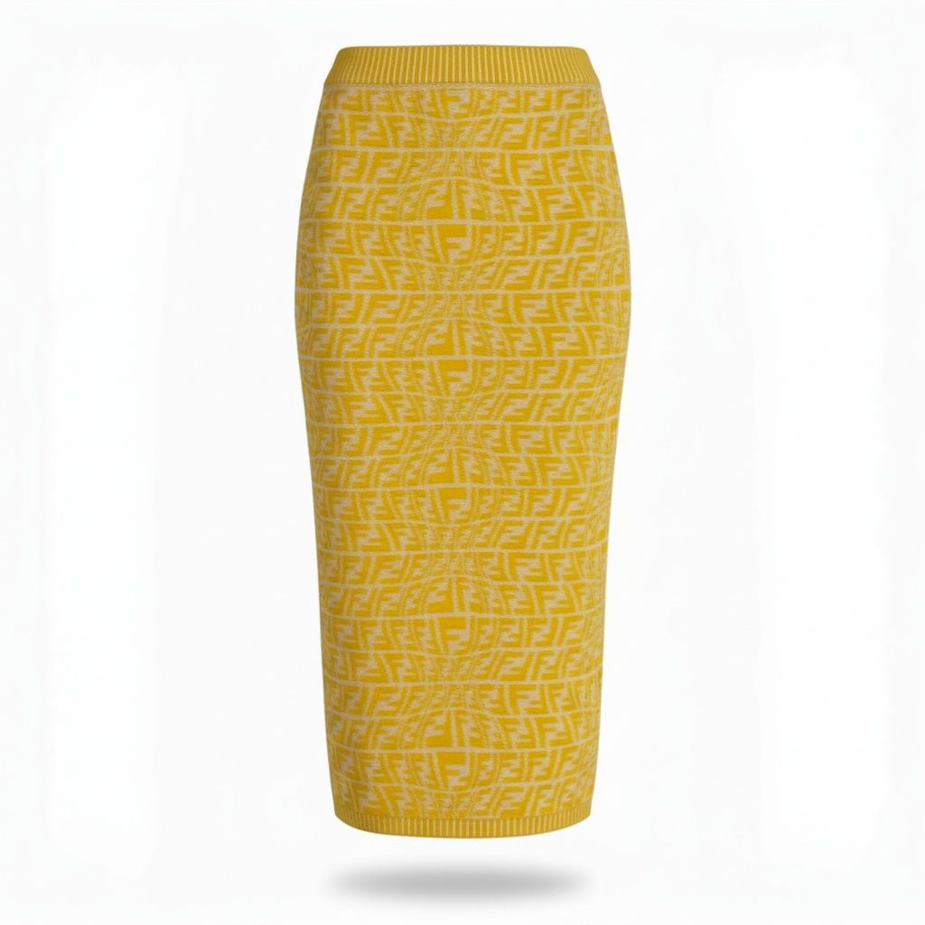 Fendi Ib7 Zucca Pattern Knit Skirt FF Logo Pencil Yellow 38