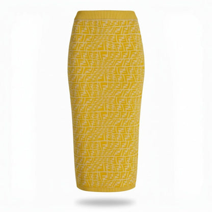 Fendi Ib7 Zucca Pattern Knit Skirt FF Logo Pencil Yellow 38