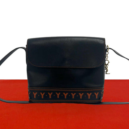 Saint Laurent Vintage YSL Logo Leather Shoulder Bag Black