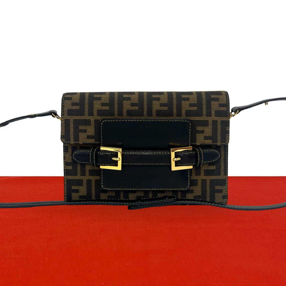 Fendi Vintage Zucca FF Logo Pattern Canvas Leather Shoulder Bag Brown