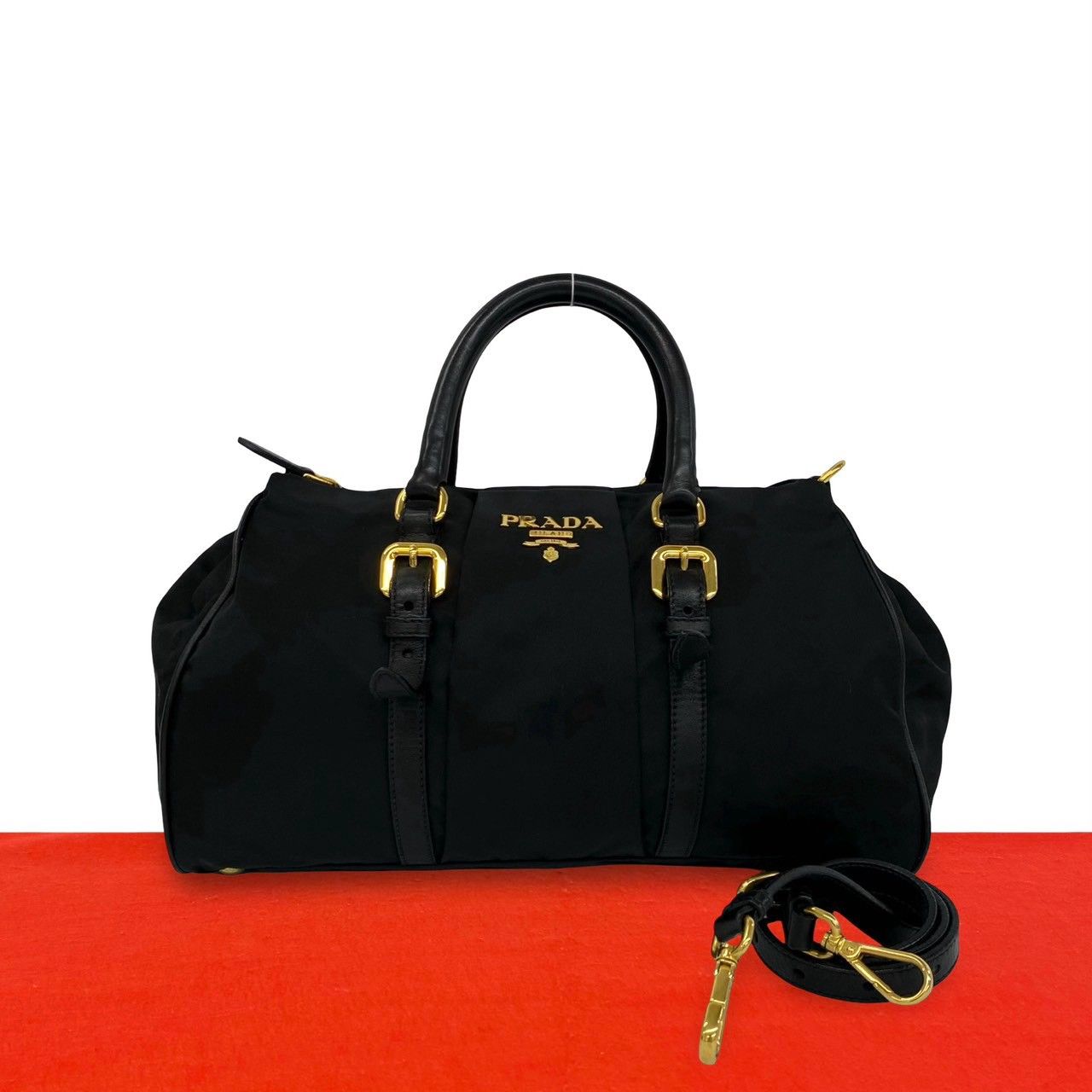 Prada Logo Tessuto Nylon Leather 2-Way Shoulder Bag Handle Tote Black