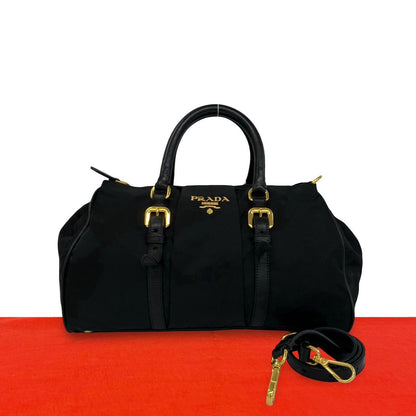 Prada Logo Tessuto Nylon Leather 2-Way Shoulder Bag Handle Tote Black