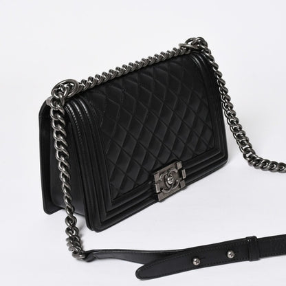 Chanel Boy Chain Shoulder Bag Lambskin CC Logo Black Silver — view 3