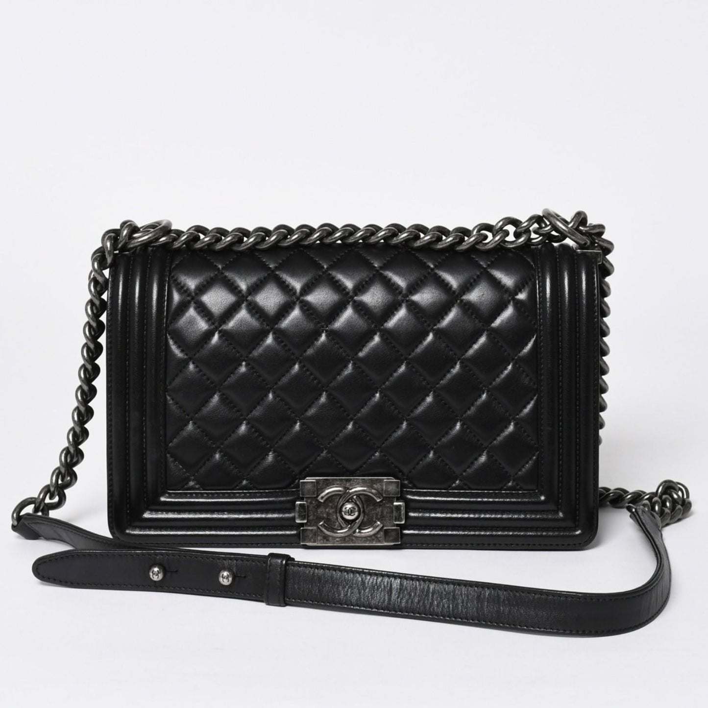Chanel Boy Chain Shoulder Bag Lambskin CC Logo Black Silver