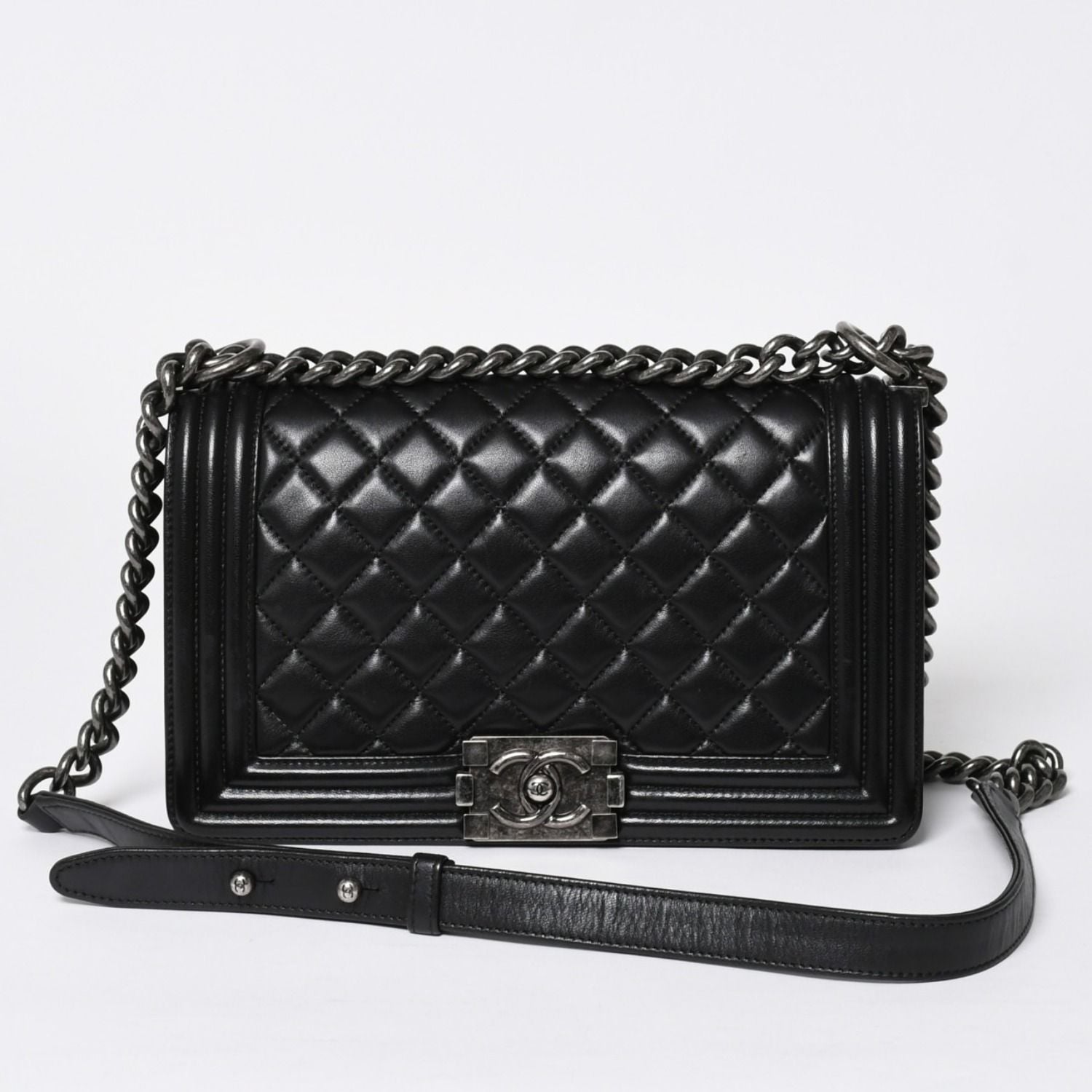 Chanel Boy Chain Shoulder Bag Lambskin CC Logo Black Silver