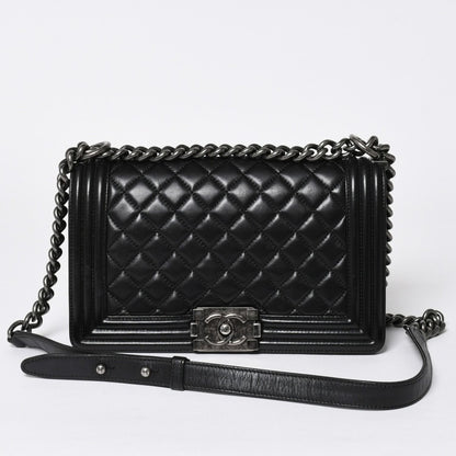 Chanel Boy Chain Shoulder Bag Lambskin CC Logo Black Silver