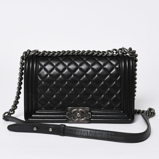 Chanel Boy Chain Shoulder Bag Lambskin CC Logo Black Silver