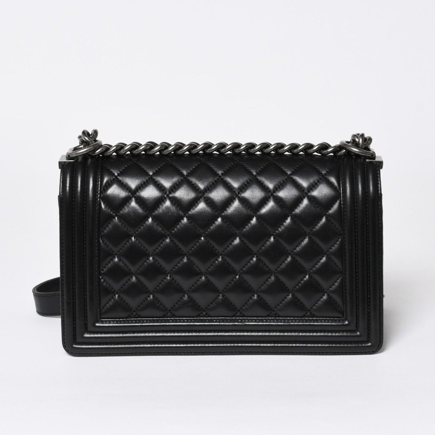 Chanel Boy Chain Shoulder Bag Lambskin CC Logo Black Silver — view 2