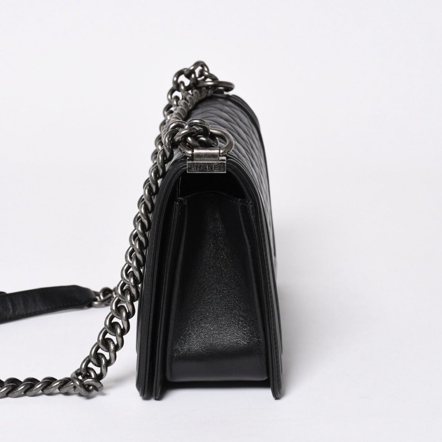 Chanel Boy Chain Shoulder Bag Lambskin CC Logo Black Silver — view 4