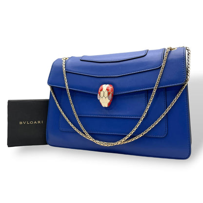 Bvlgari Serpenti Forever Shoulder Bag Calf Leather Blue Gold Chain