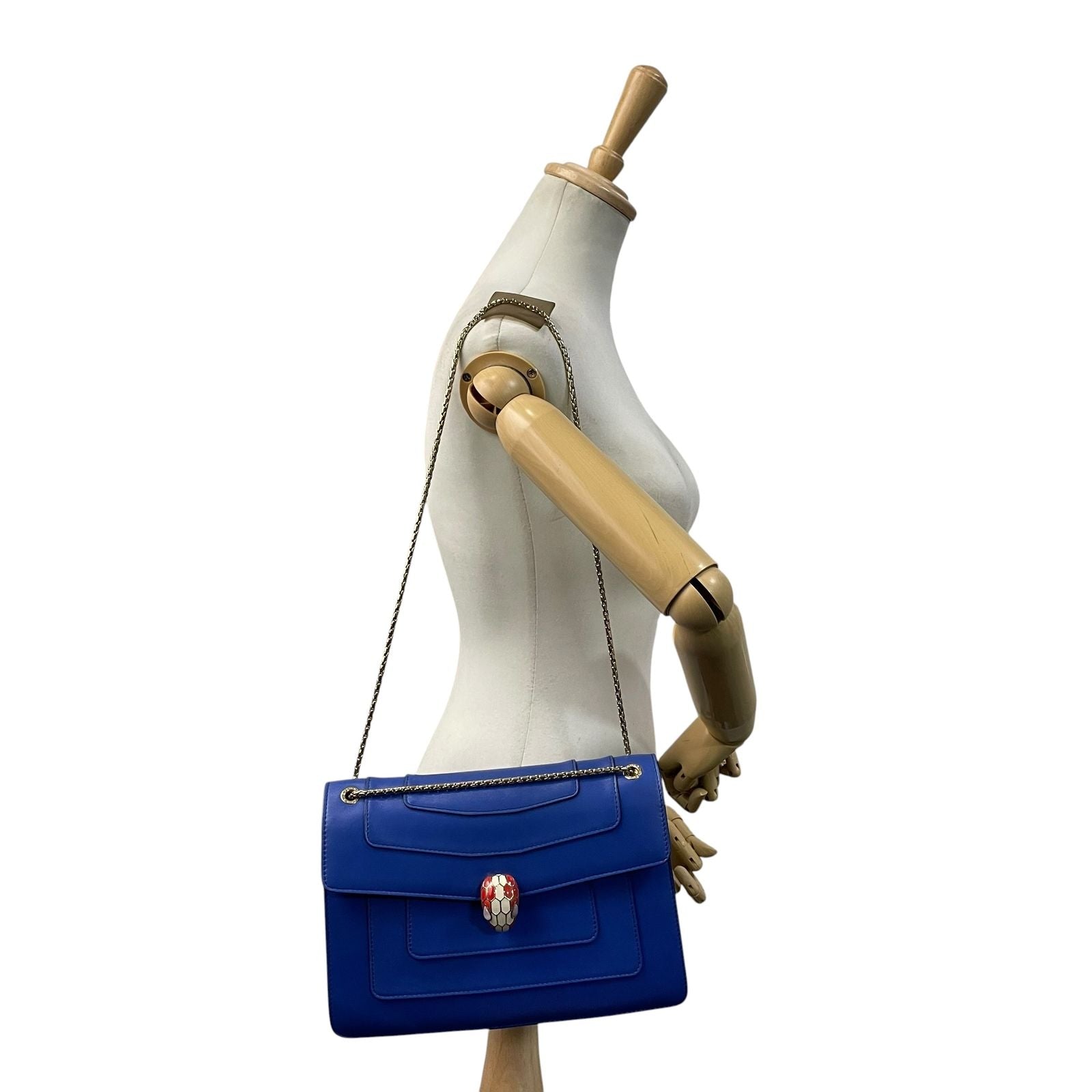 Bvlgari Serpenti Forever Shoulder Bag Calf Leather Blue Gold Chain — view 4