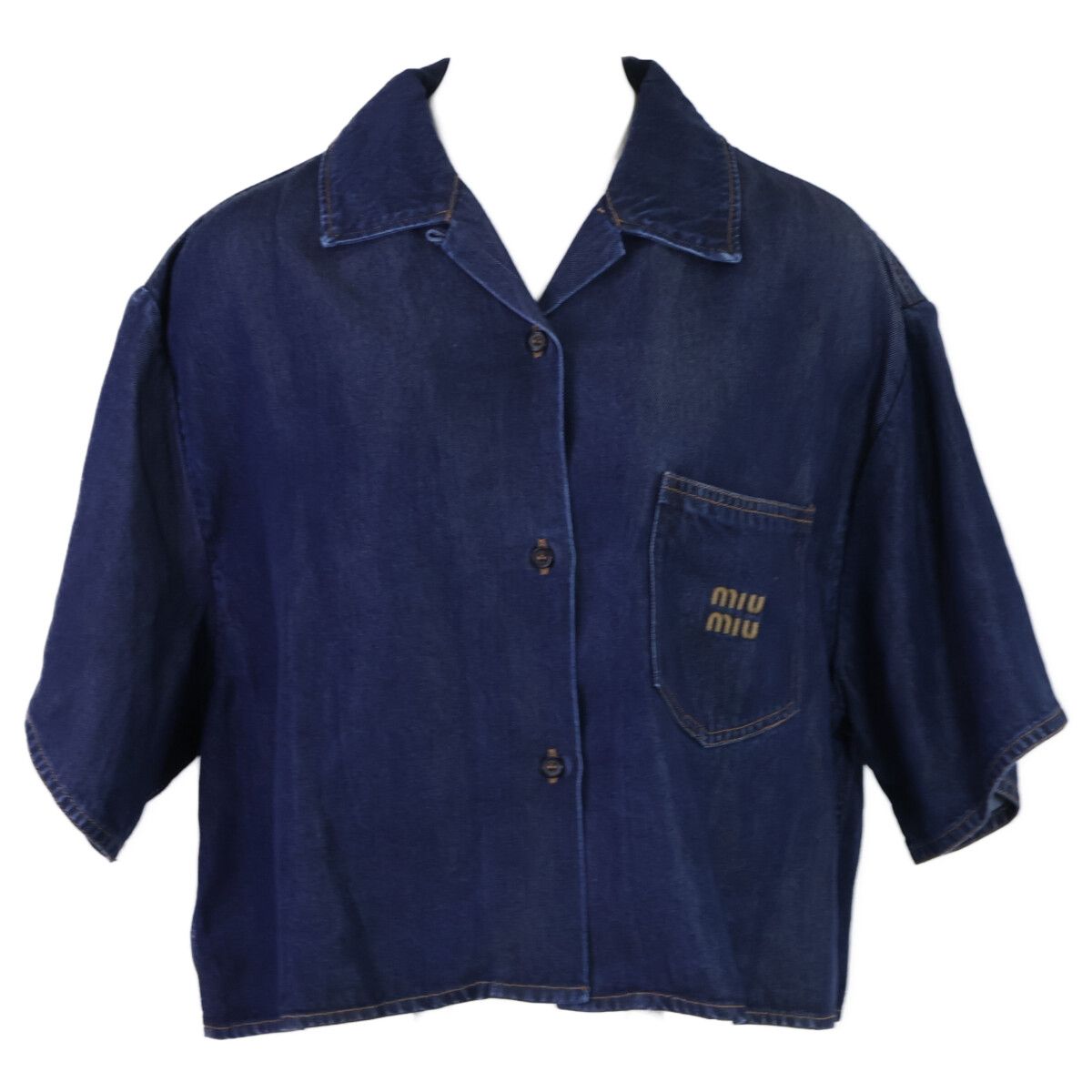 Miu Miu Made Gwc 105 Denim Cropped Short Sleeve Shirt 38