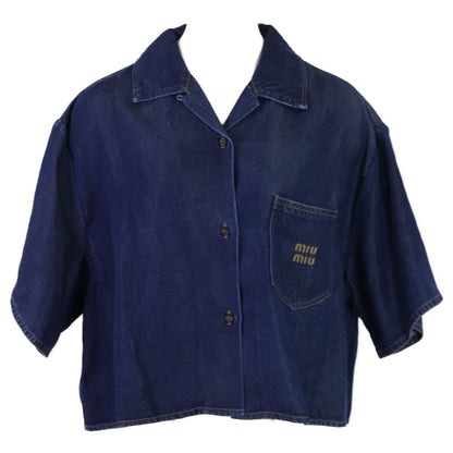 Miu Miu Made Gwc 105 Denim Cropped Short Sleeve Shirt 38