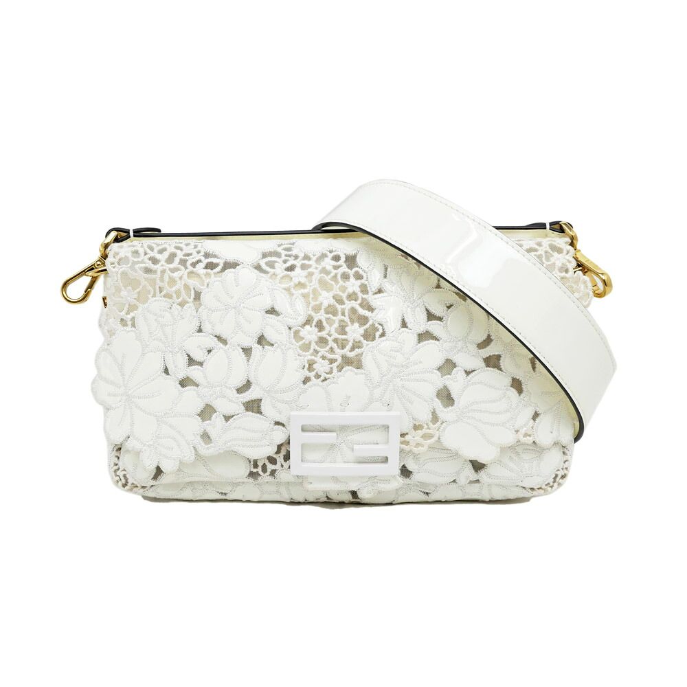 Fendi Mamma Bucket Patent Leather 2-Way Handle Shoulder Bag White Embroidered