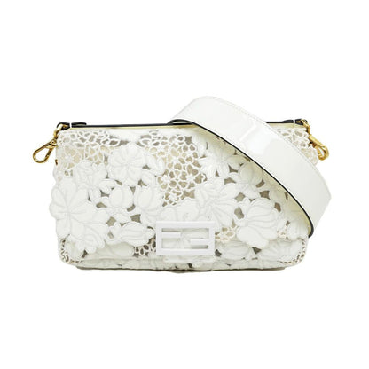 Fendi Mamma Bucket Patent Leather 2-Way Handle Shoulder Bag White Embroidered