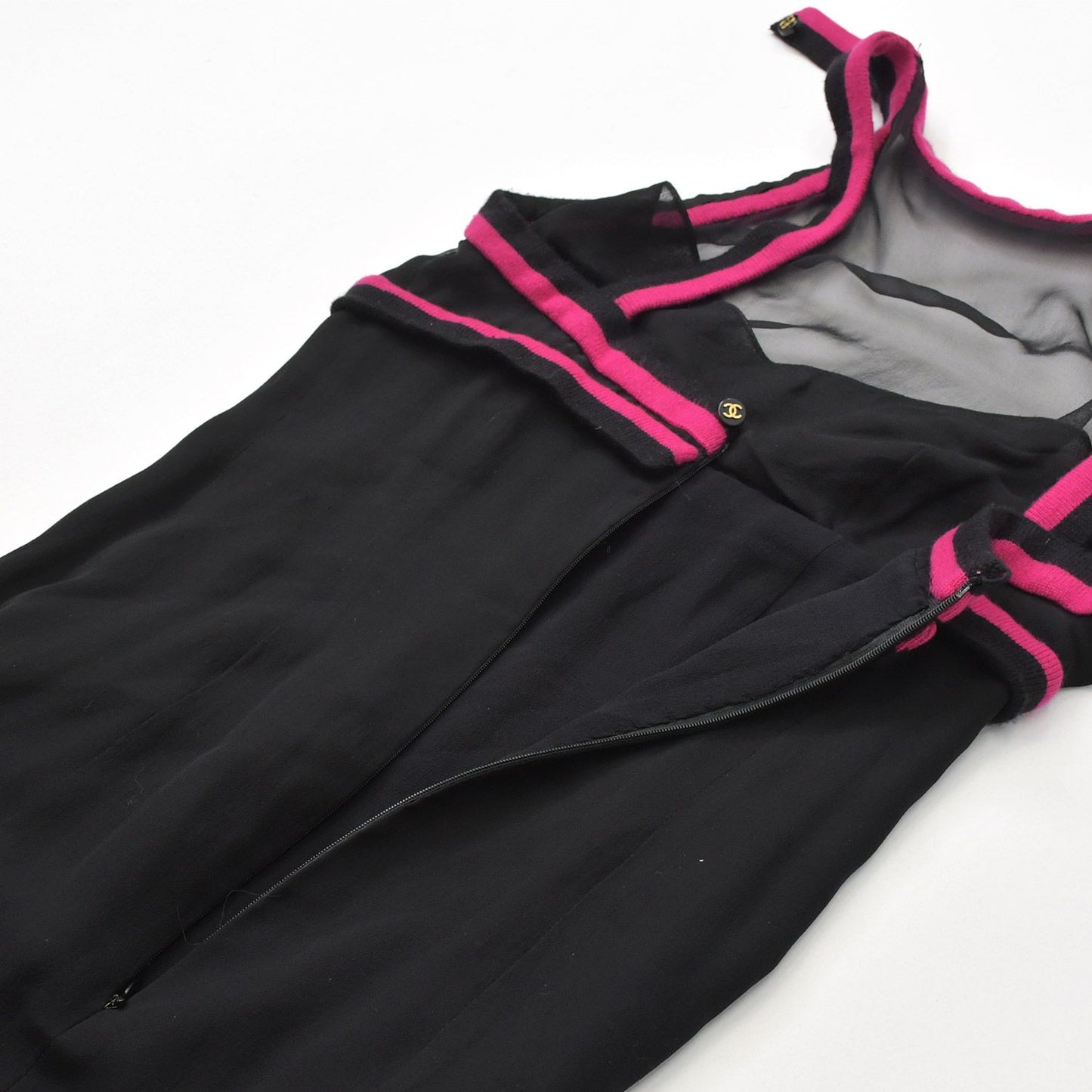 Chanel Lace Dress Black Pink CC Logo Button Shawl Silk — view 8
