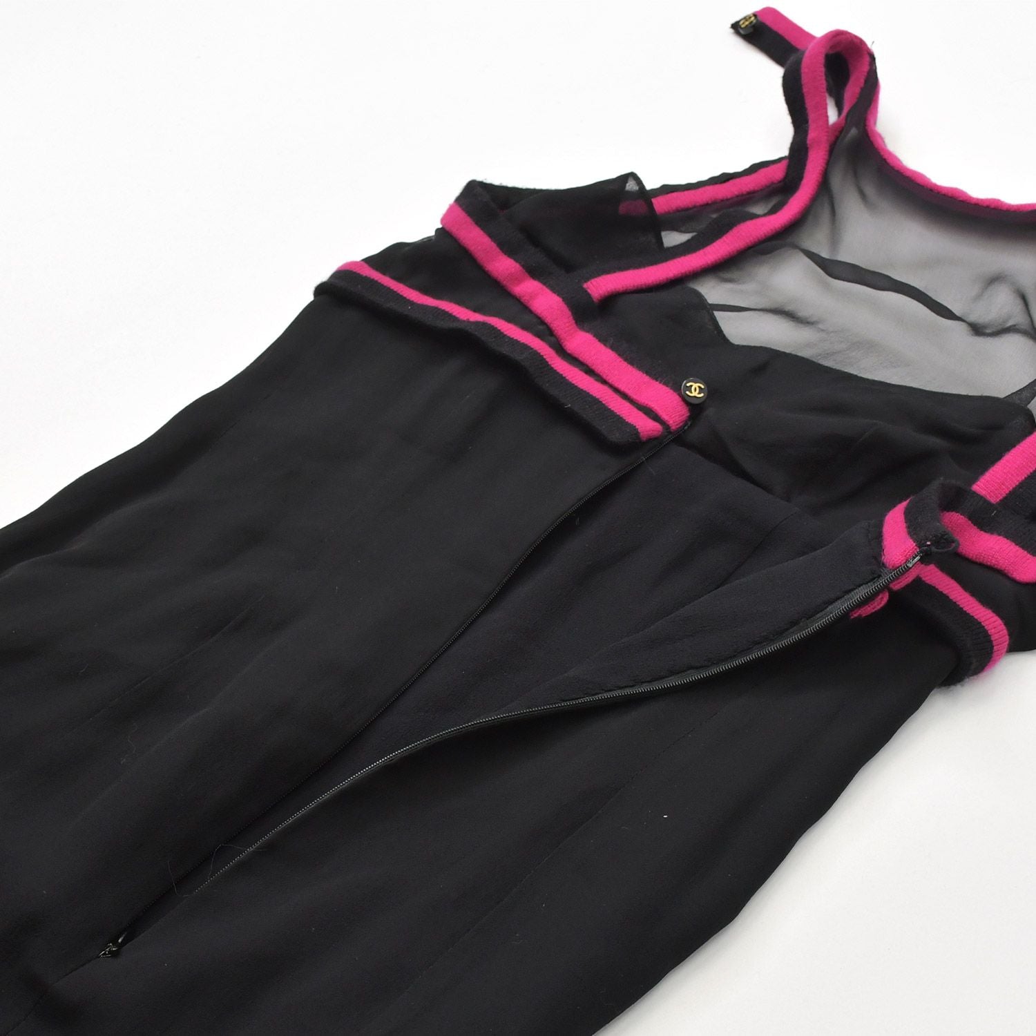 Chanel Lace Dress Black Pink CC Logo Button Shawl Silk — view 8