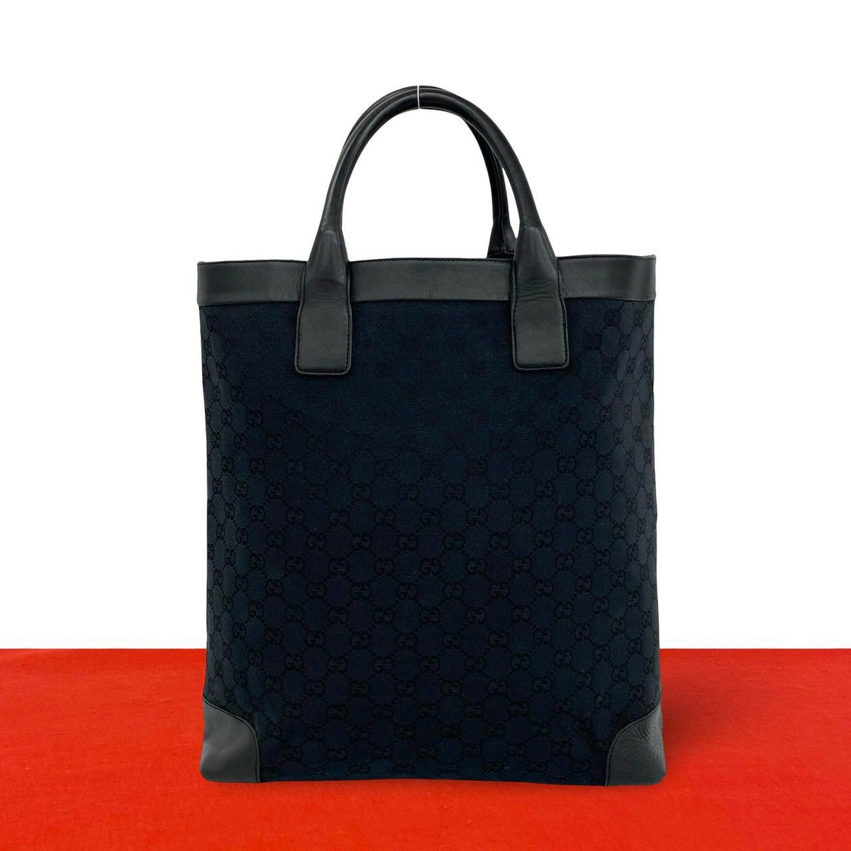 Gucci GG Logo Pattern Leather Tote Bag Handle Black