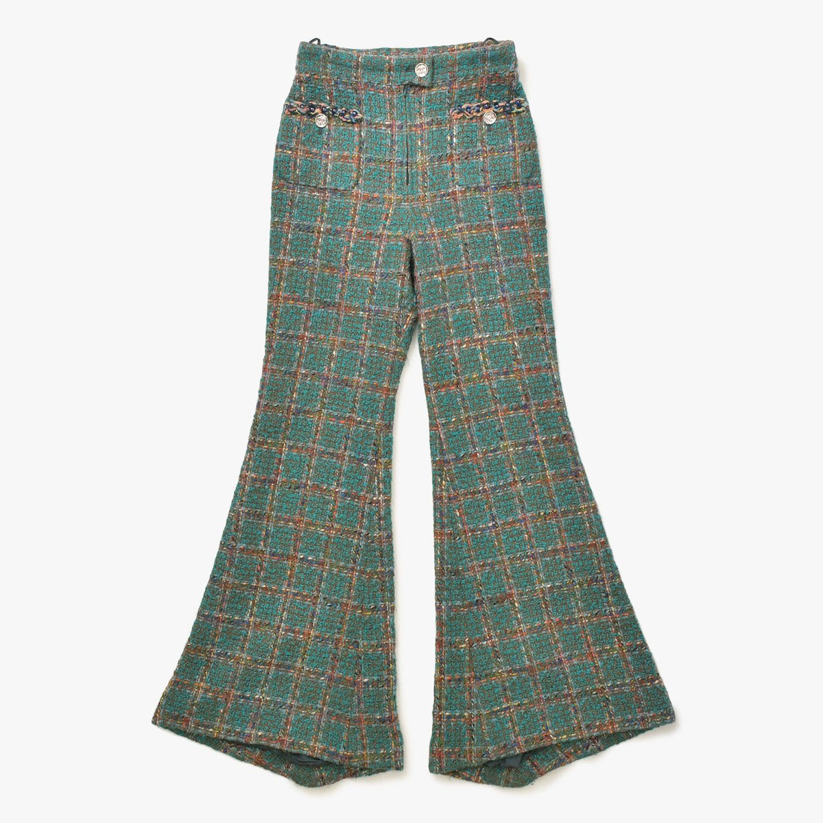 Chanel Tweed Flare Pants CC Logo Green Multicolor