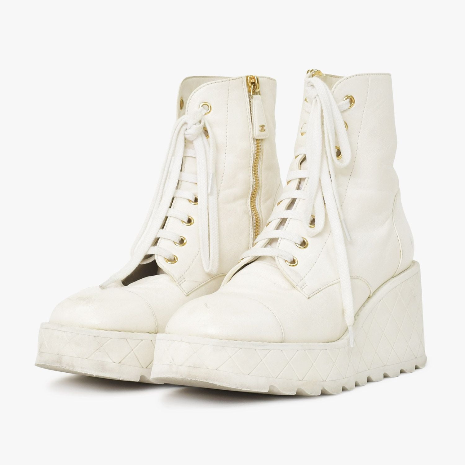Chanel CC Logo Combat Boots Sneakers White