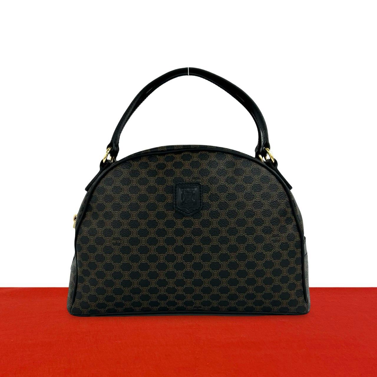 Celine Vintage Macadam Brazon Triomphe Logo Leather Handle Mini Boston Bag Black