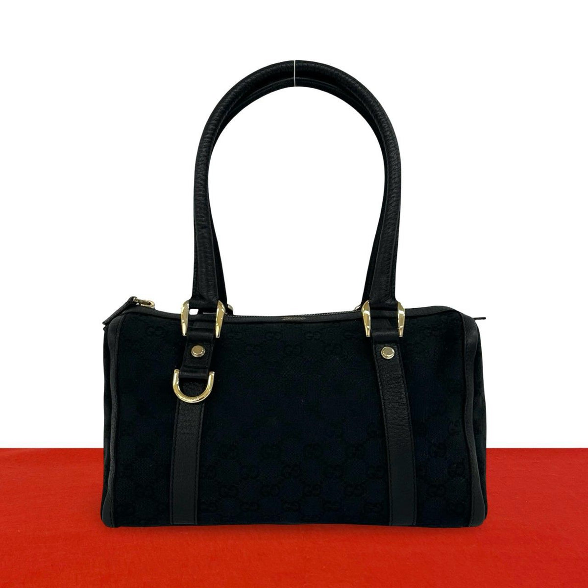 Gucci GG Logo Print Canvas Leather Handle Mini Tote Boston Bag Black