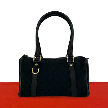 Gucci GG Logo Print Canvas Leather Handle Mini Tote Boston Bag Black
