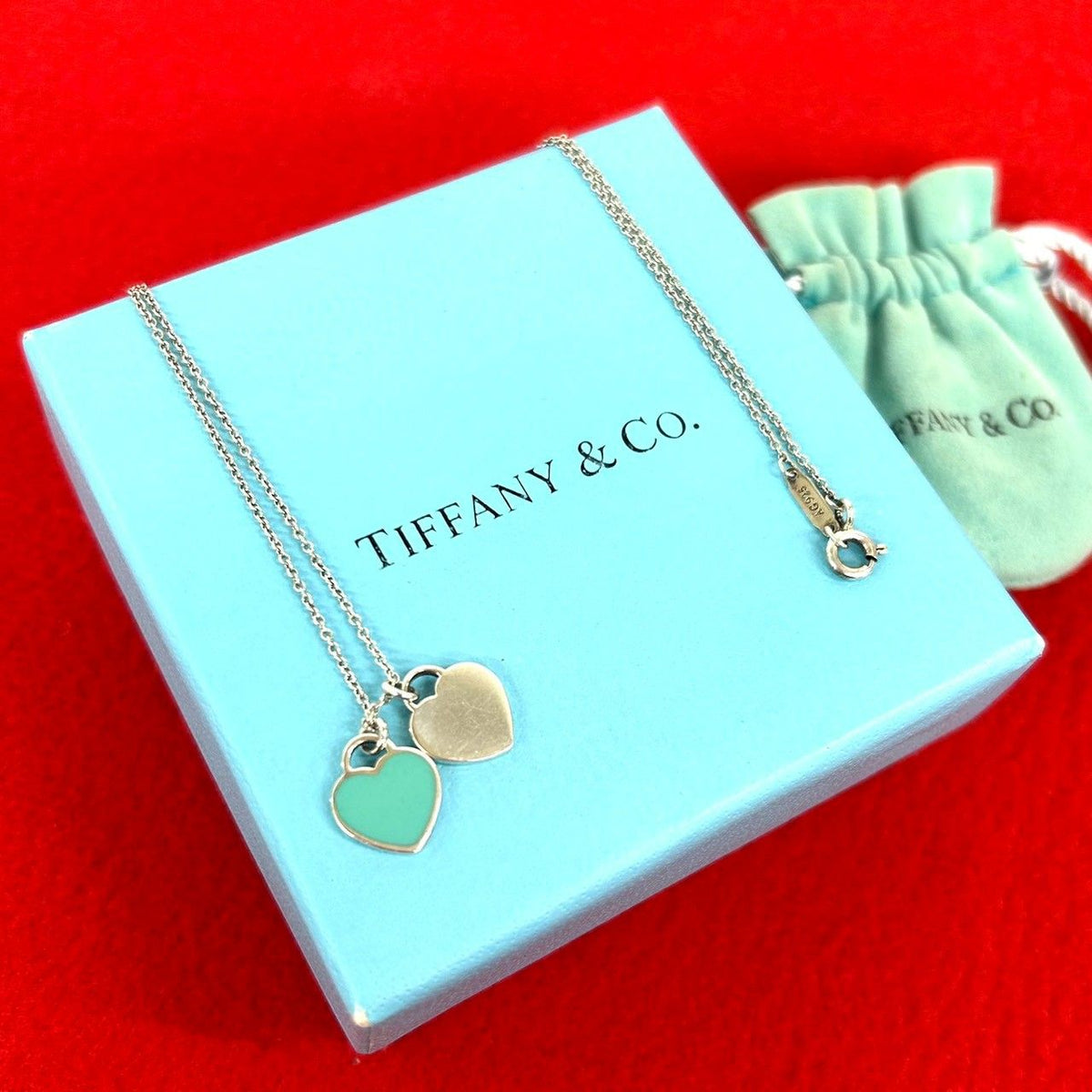 Tiffany & Co Bagged Vintage Double Heart Tag Necklace 925 Sterling Silver
