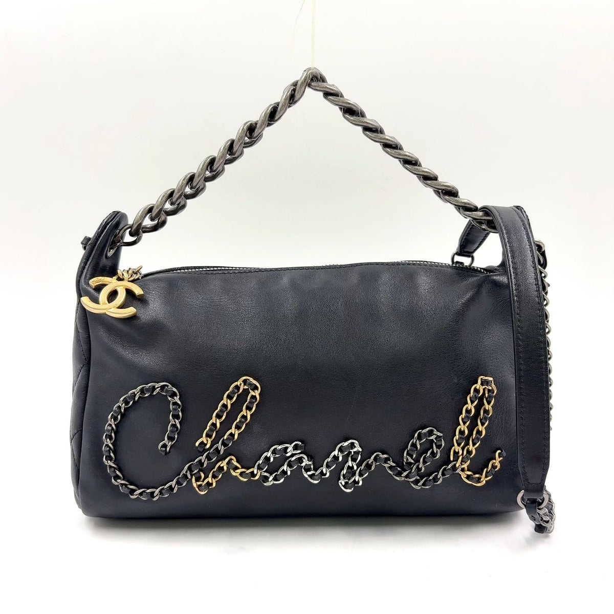 Chanel Logo Mark Leather Black Shoulder Bag Silver