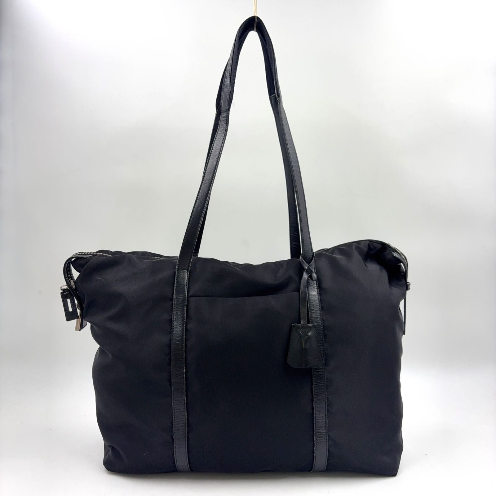 Prada Nylon Leather Black Tote Bag Silver