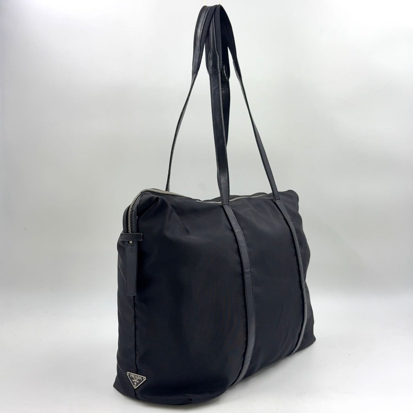 Prada Nylon Leather Black Tote Bag Silver — view 2
