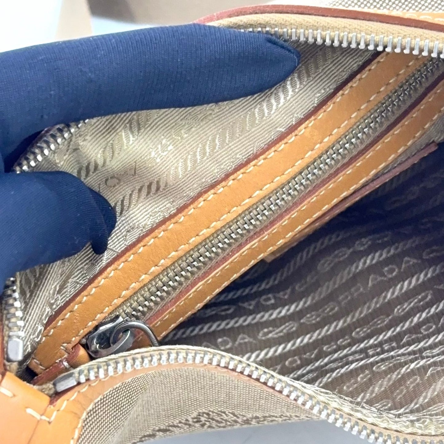 Prada Logo Jacquard Leather Shoulder Bag — view 8