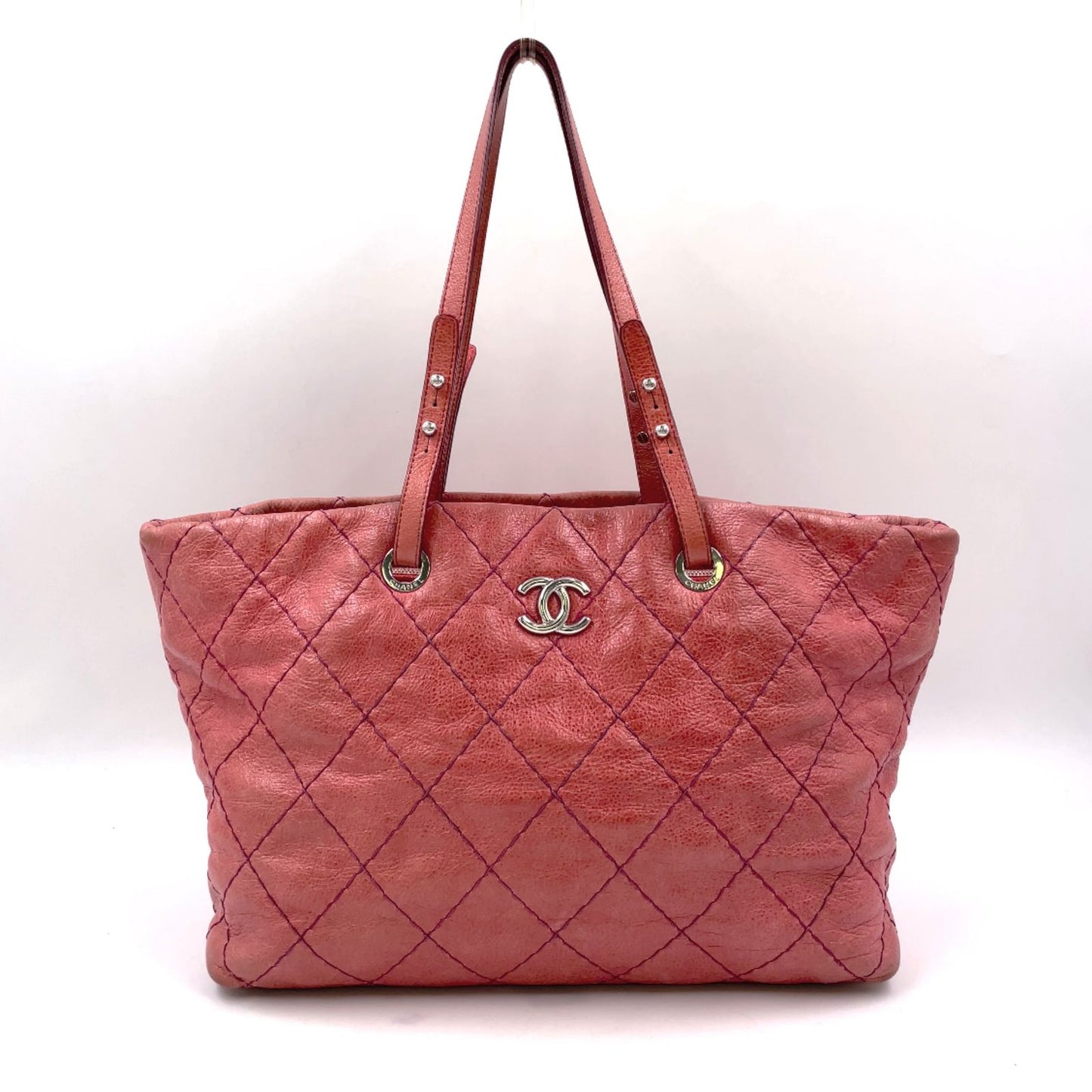 Chanel CC Logo on the Road Leather Pink Red Tote Bag Silver
