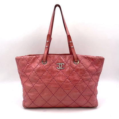 Chanel CC Logo on the Road Leather Pink Red Tote Bag Silver