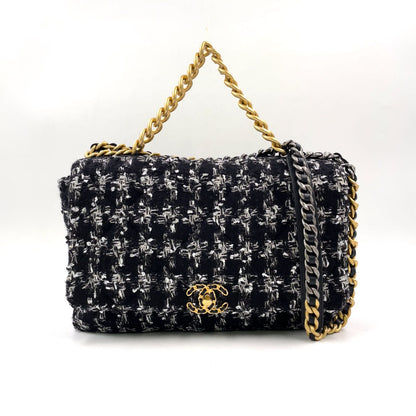 Chanel CC Logo Handle Leather Tweed Black Shoulder Bag Gold