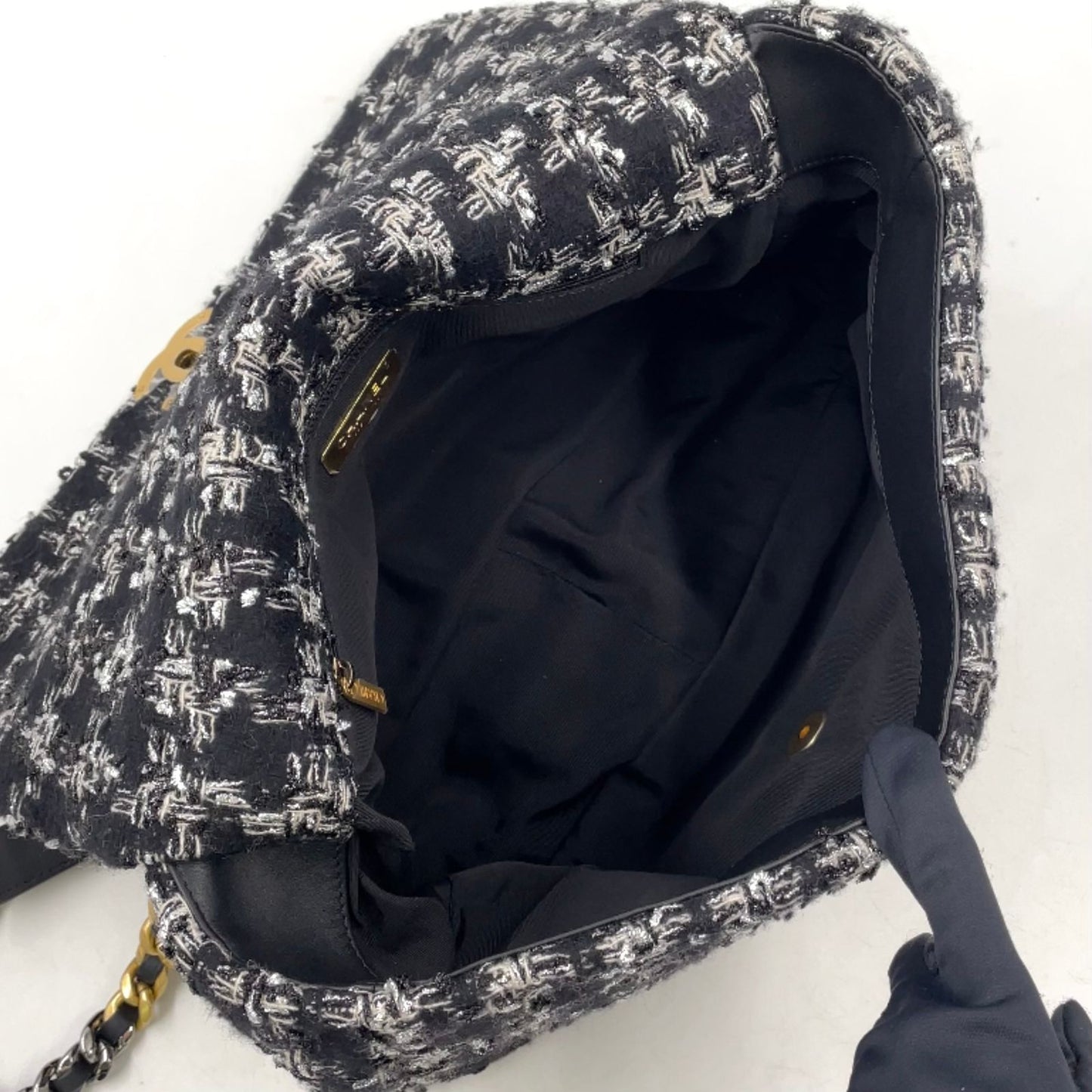 Chanel CC Logo Handle Leather Tweed Black Shoulder Bag Gold — view 3