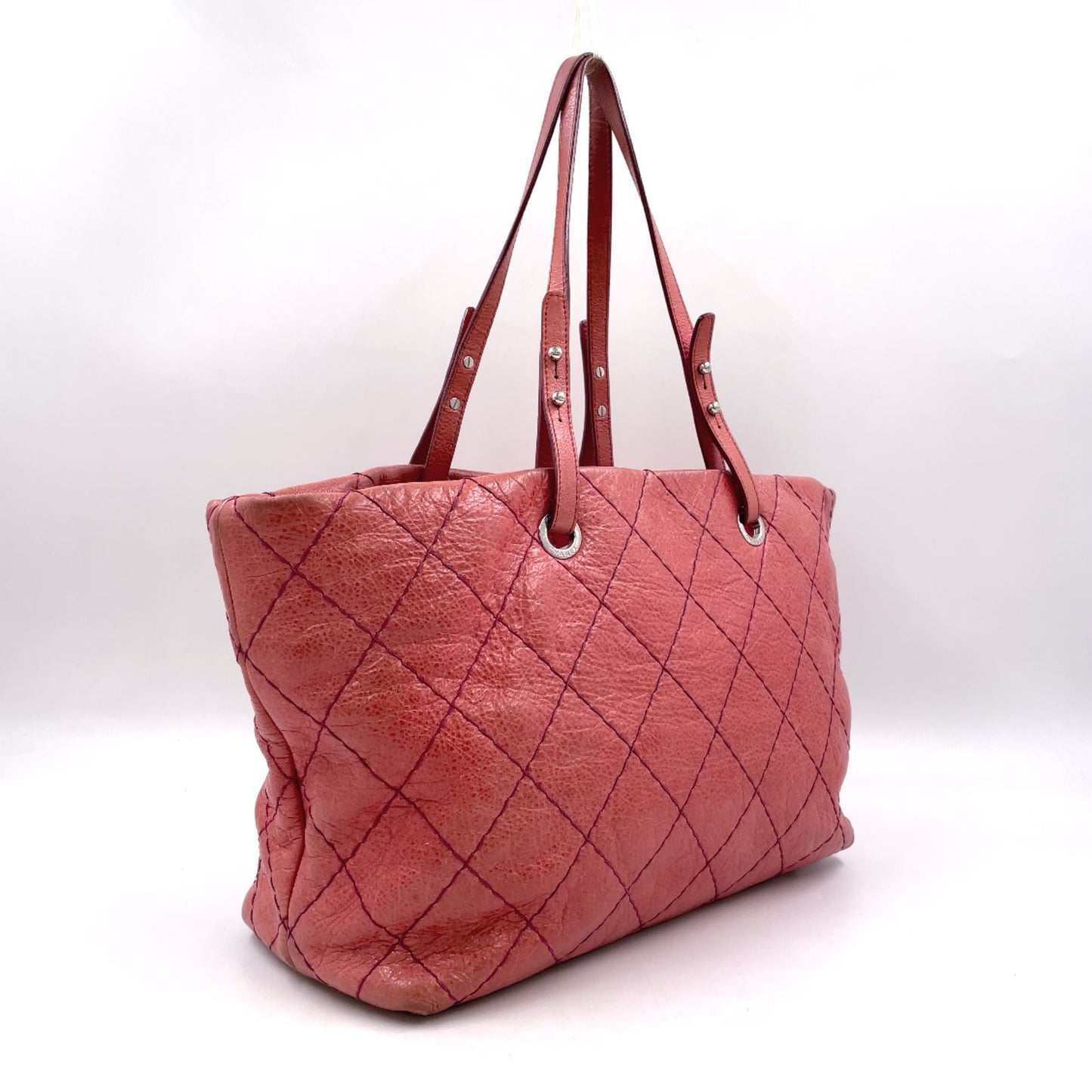 Chanel CC Logo on the Road Leather Pink Red Tote Bag Silver — view 2